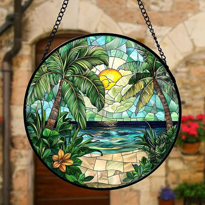 Stained Glass Window Hanging, Green Beach Scenery Suncatcher Diamond Glass Panel Hangings Sun Catchers Decor for Birthday for Women, Men, Wife, Aunt, and Mom 7.8 in