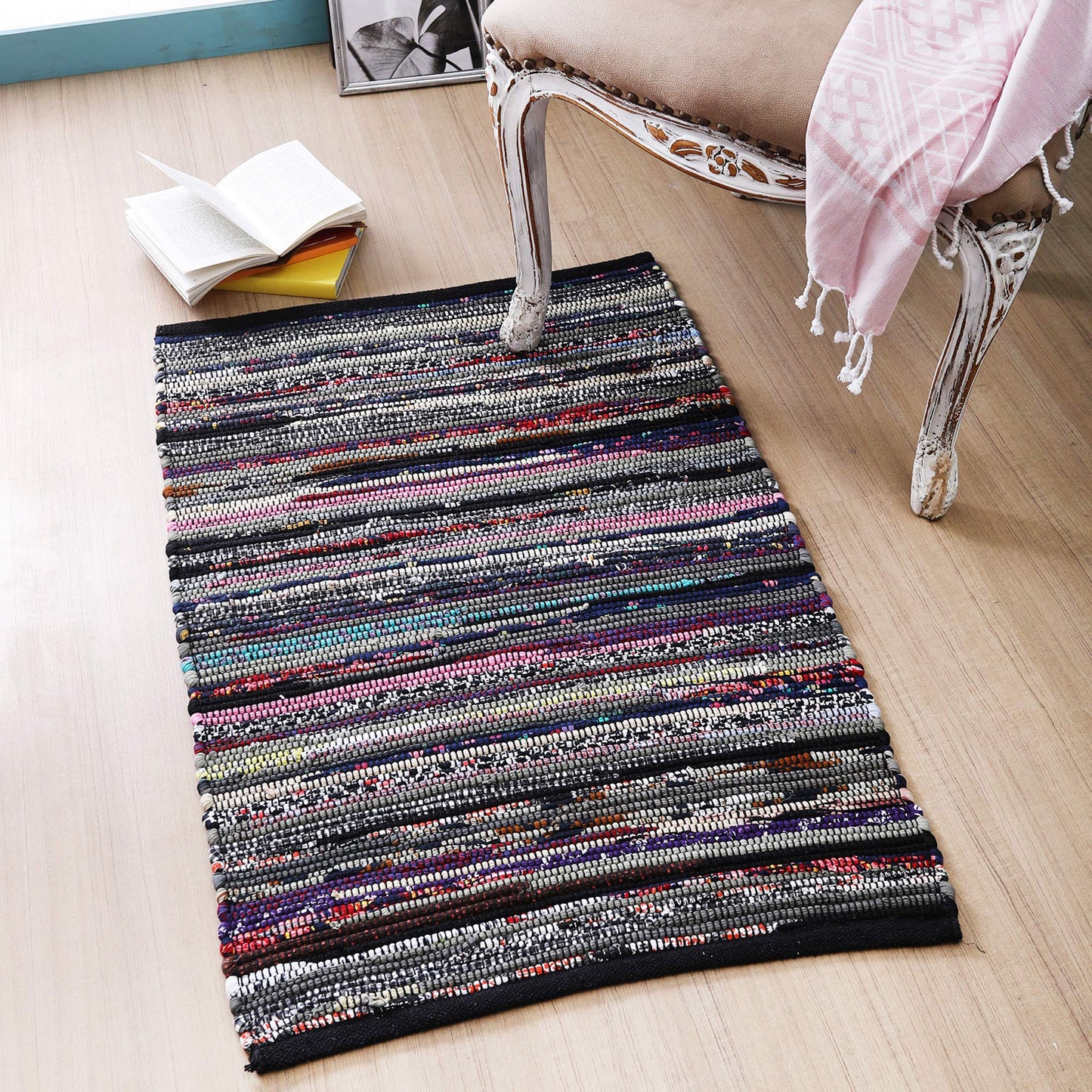 Ramanta Home 100% Cotton Chindi Hosiery Rug 24x36 Inch - Dark Multi, Farmhouse Reversible Soft Bohemeian Rugs Ideal for Entryways, Kitchen, Bedroom | Durable Lightweight Handmade Accent Doormat
