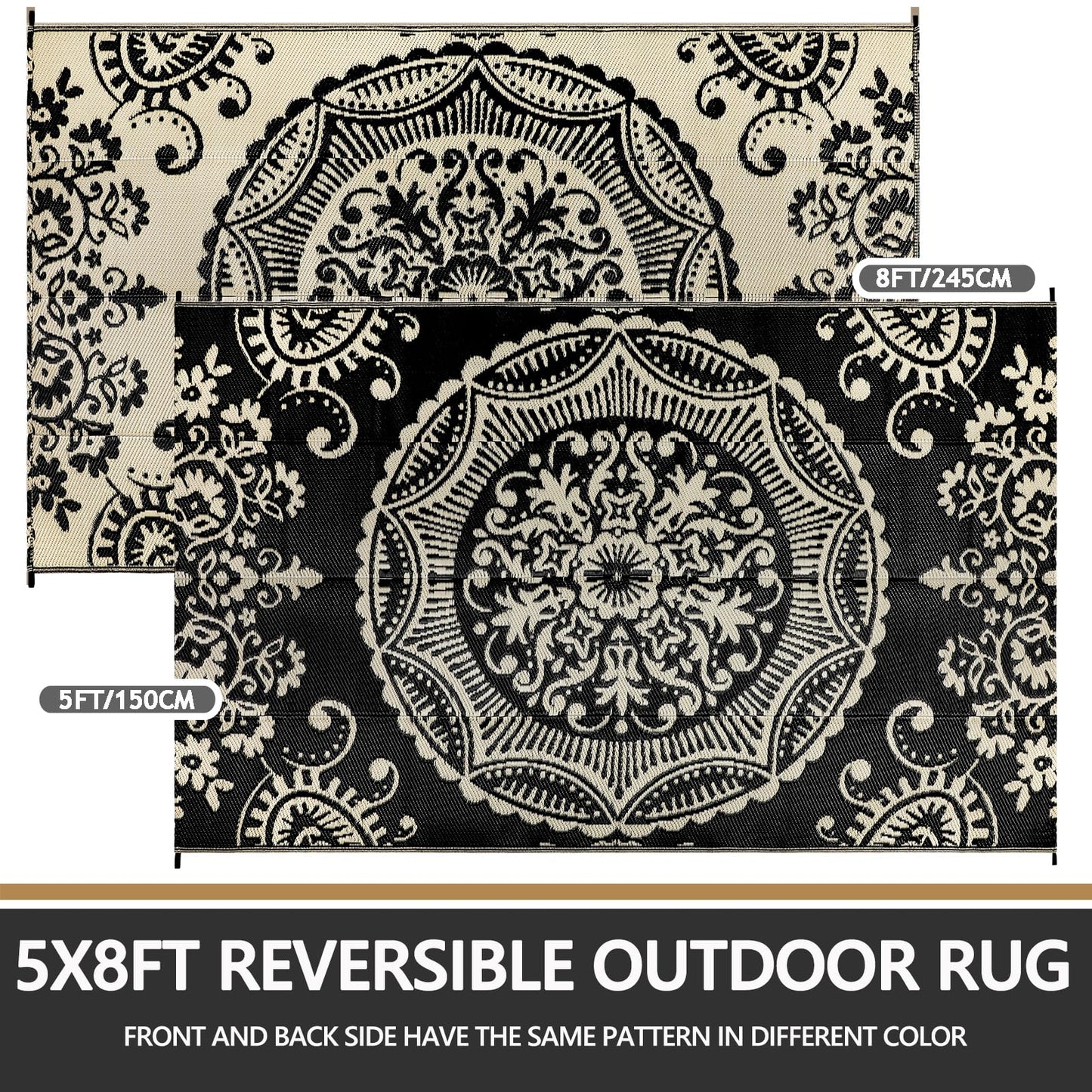 Capslpad 5x8 Outdoor Rug Waterproof Camel Boho Floral Patio Carpet Portable Plastic Straw Rug Foldable Outside Carpet with Carry Bag for RV Backyard Balcony Bench Picnic Porch
