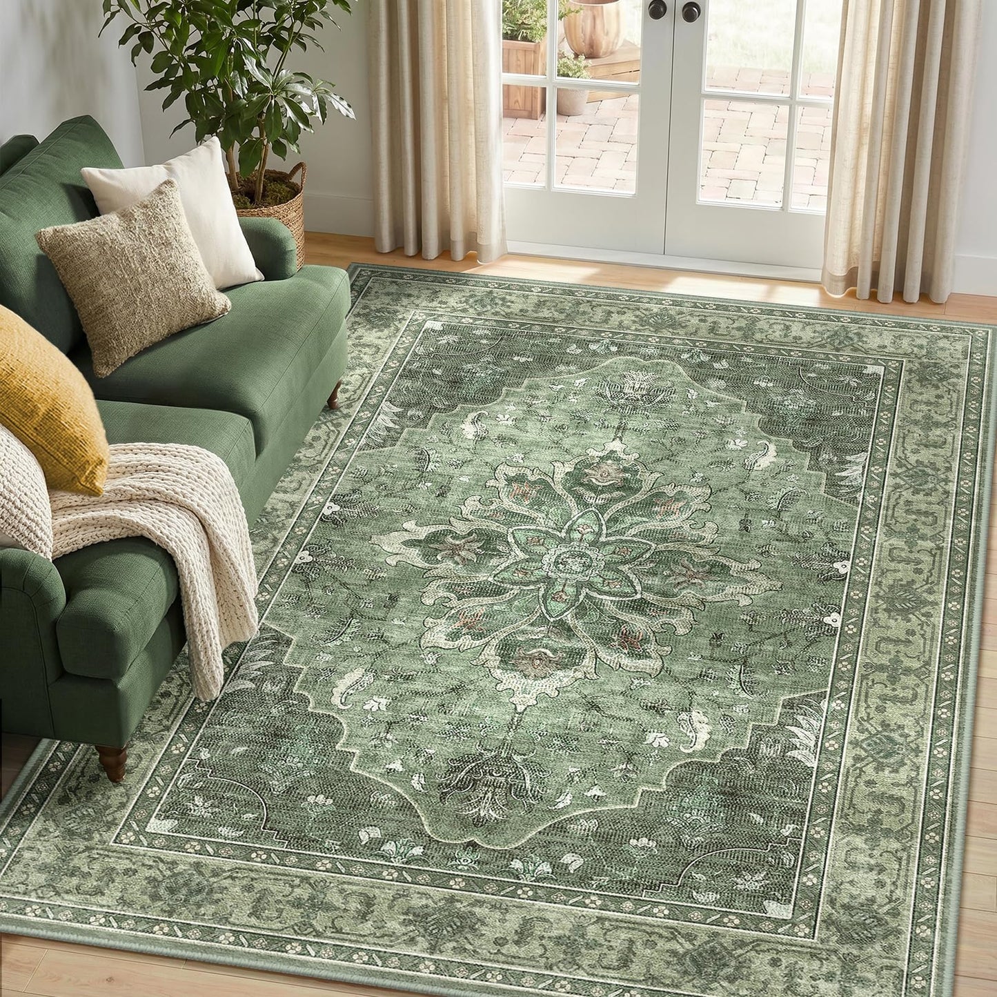RELEANY Area Rugs 5'x7' Washable Non-Slip, Floral Vintage Distress Medallion Carpet for Living Room Bedroom Dining Room, Dark Green Gray