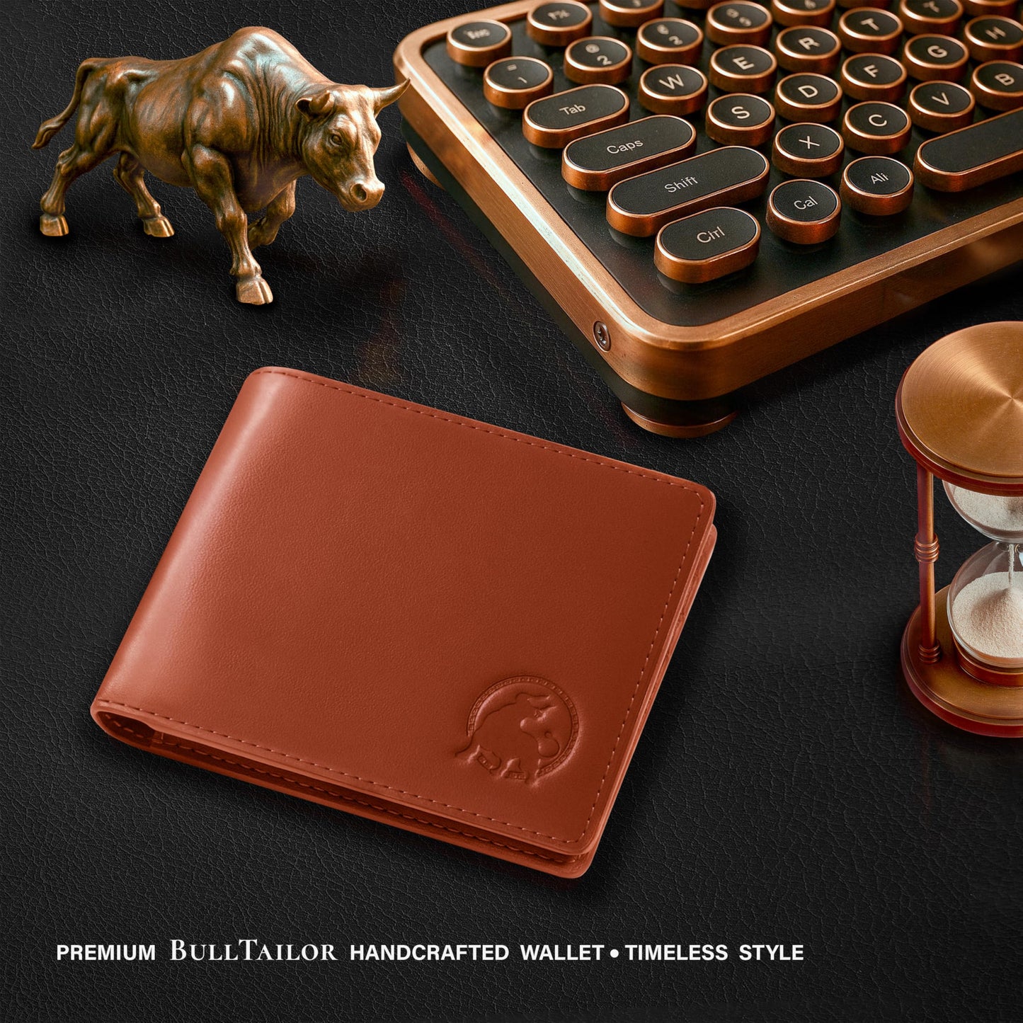 BULLTAILOR Full-Grain Leather Wallet for Men, Minimalist Slim Mens Bifold RFID Blocking Wallet with Cash Pocket, 8 Card Slots (Cognac Brown)