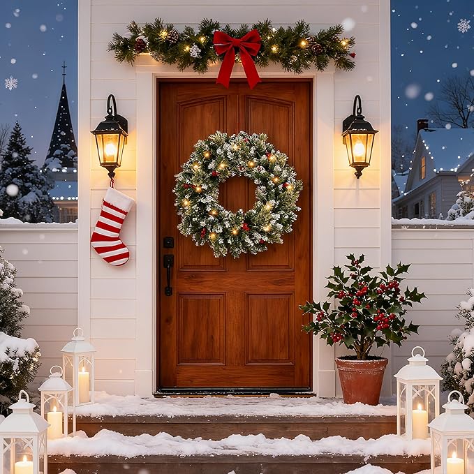 24 Inch Christmas Wreaths for Front Door with Lights,Lighted Artificial Flowering Pine Door Wreath,Prelit Faux Green Winter Wreath with Pine Cones and Red Berry for Indoor Outdoor Decor