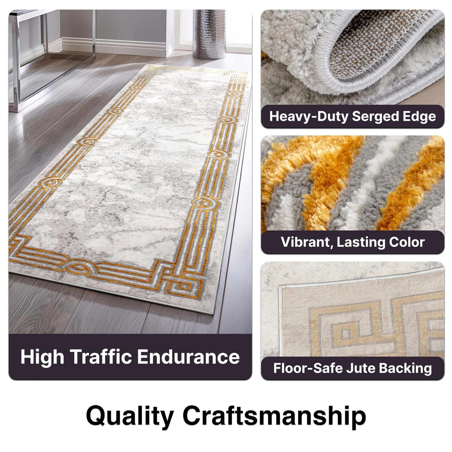 Well Woven Fairmont Collection Huntington Grey Gold & Ivory Marble Border Elegant & Soft 8x10 Area Rug Perfect for Bedroom & Living Room Durable Stain Resistant & Easy to Clean