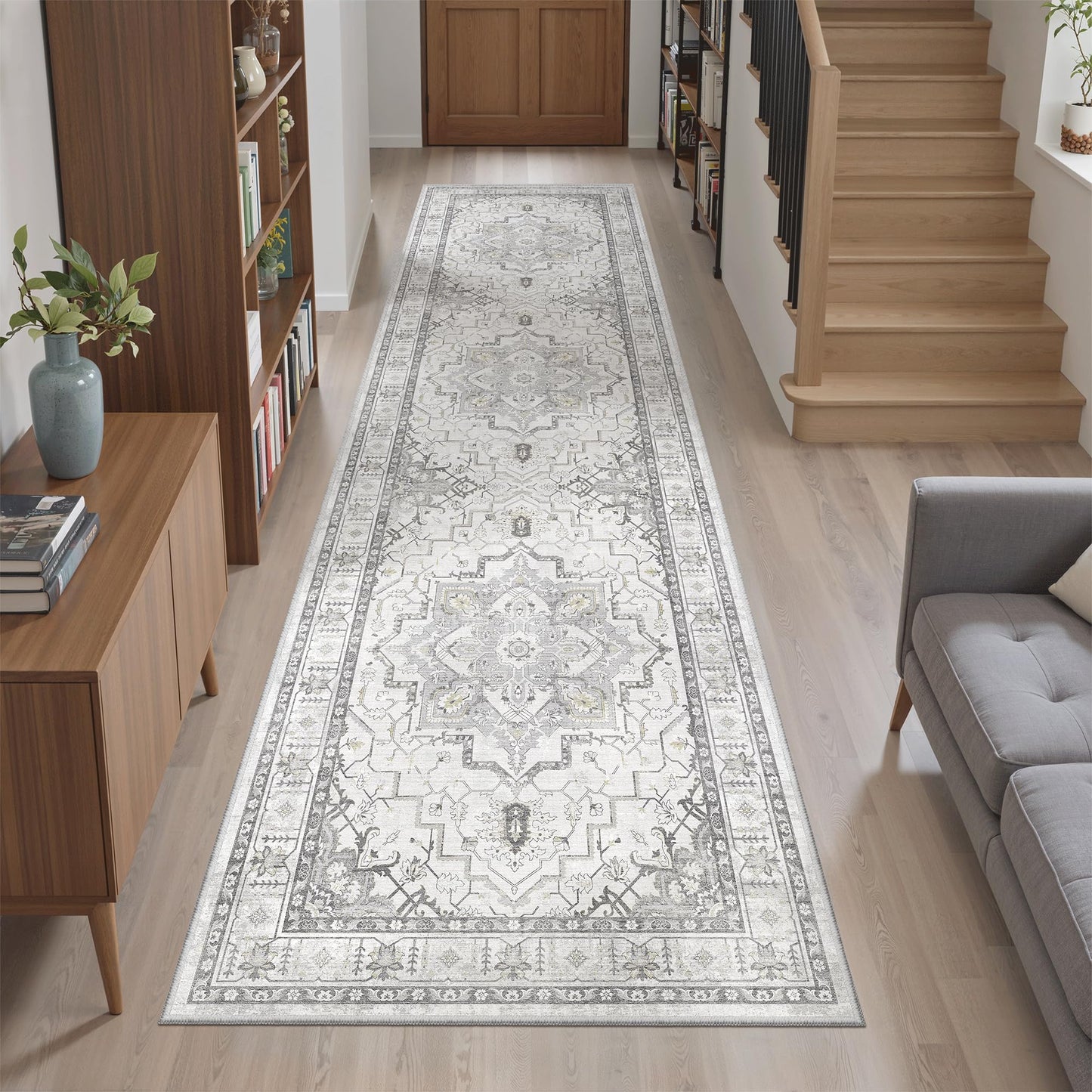 Madane Runner Rug 2x8, Washable Hallway Runner Rugs, Non-Slip Low-Pile Soft Kitchen Rug Runner Laundry Room Rug, Vintage Throw Entry Foyer Mat for Entrance Living Room (Grey, 2 x 8)