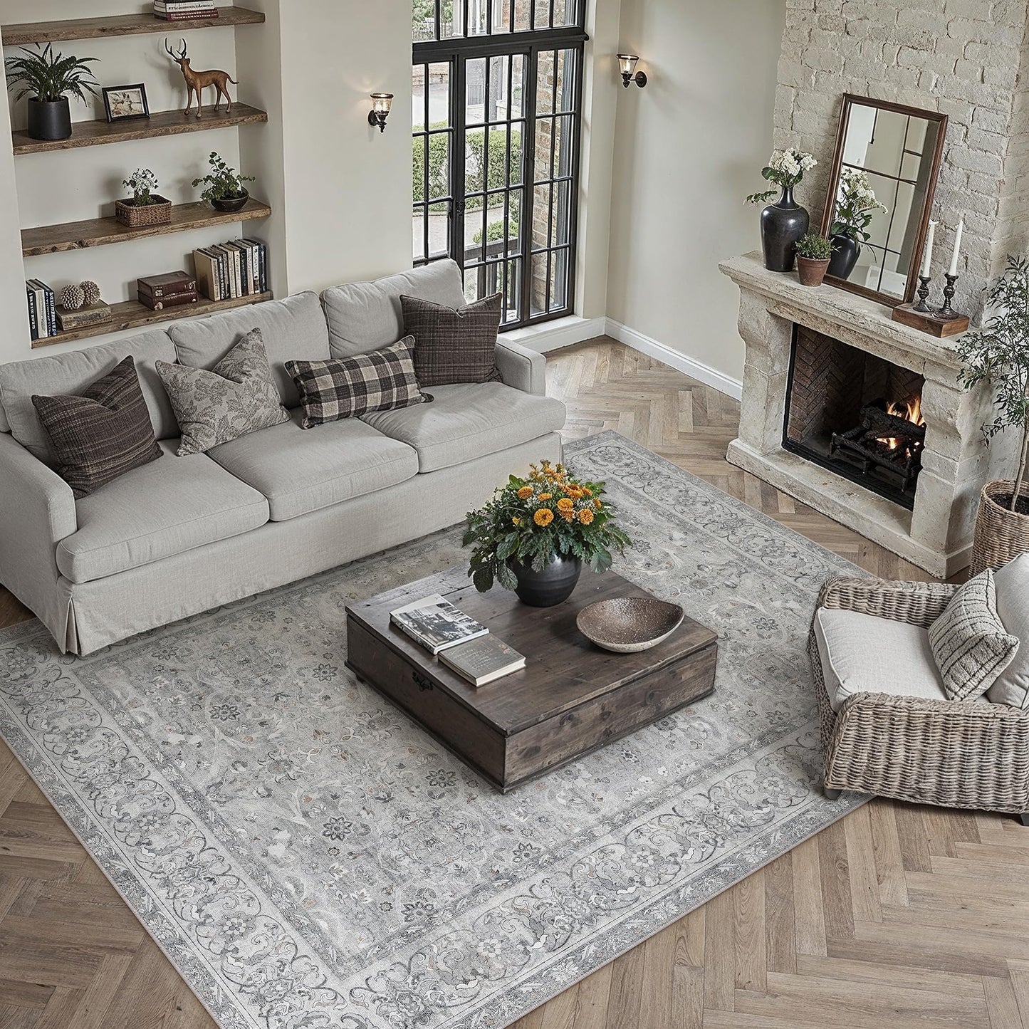 PureCozy Gray 8x10 Area Rug Washable Living Room Vintage Carpet Bedroom Large Indoor Non Slip Soft Low Pile Thin Stain Resistant Distressed Accent Throw Rug for Dining Office Nursery