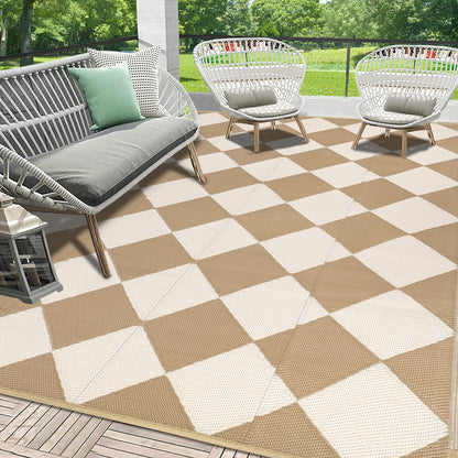 HEBE Checkered Outdoor Rug Waterproof 8x10, Reversible Plastic Straw Rug RV Camping Rug, Indoor Outdoor Patio Mat Clearance, Outside Carpet for Porch,Deck,Camper,Balcony,Backyard,Picnic