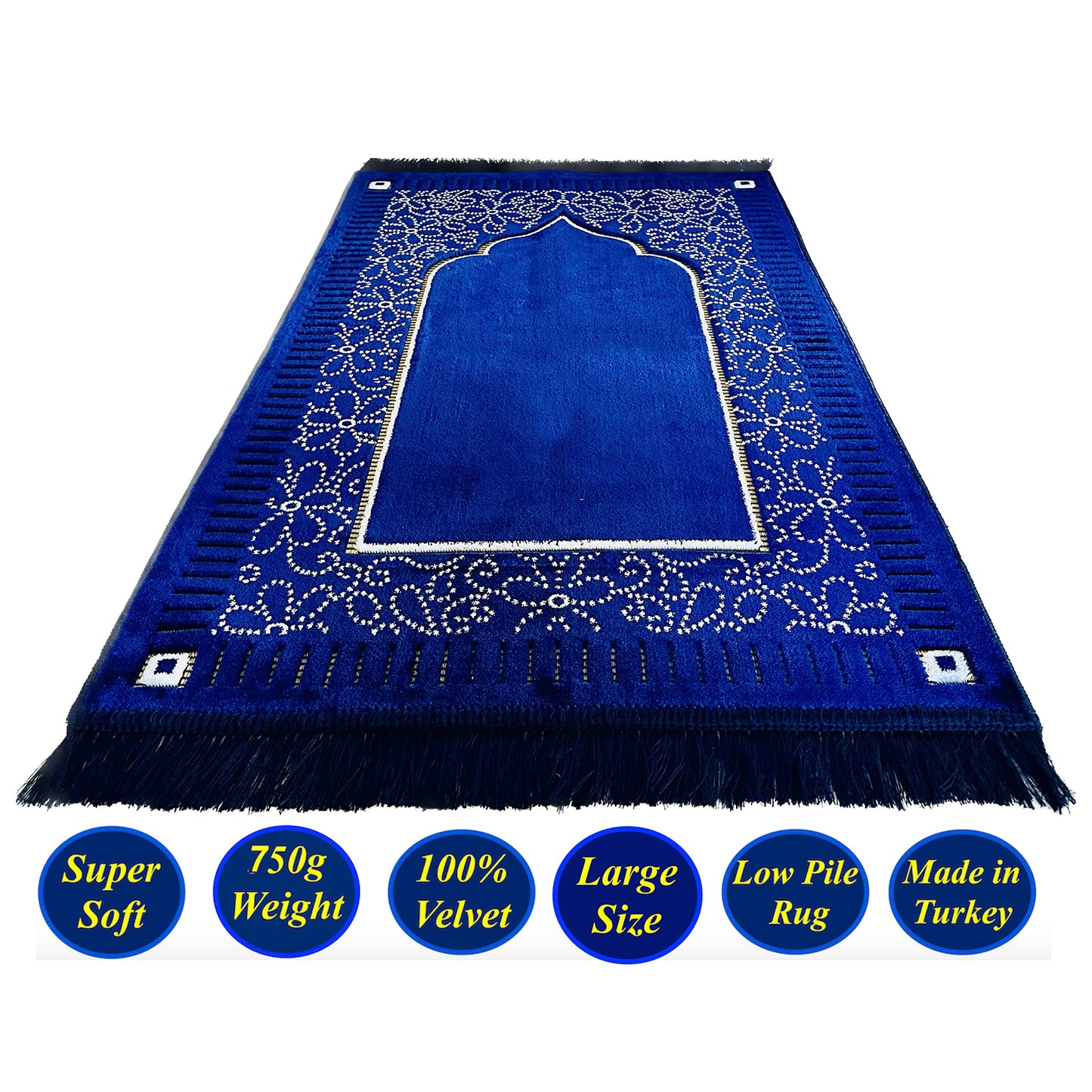 Mihrab Patterned Original Luxury Velvet Prayer Mat/Rug- 750g Weight | Made in Turkey (Navy Blue)