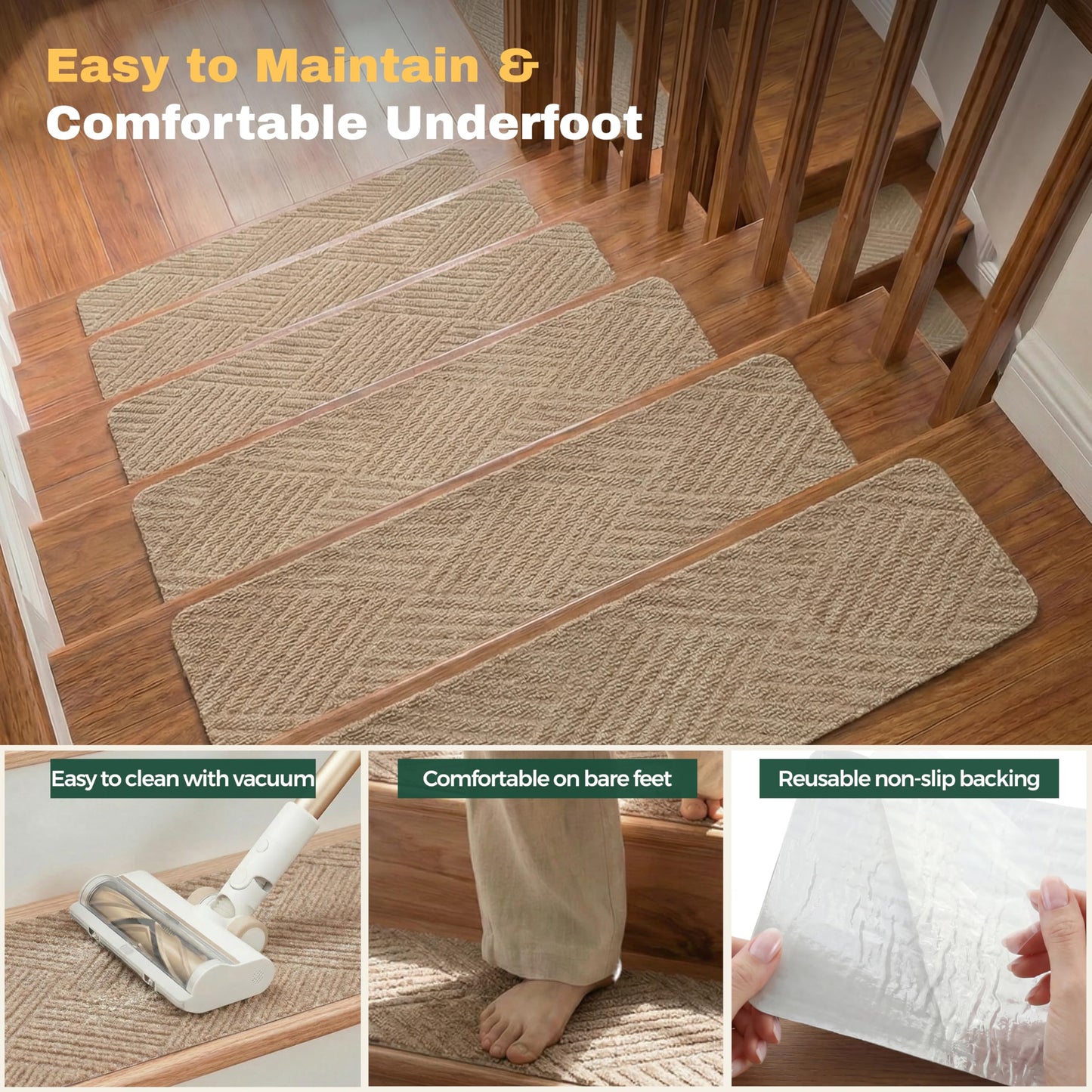 MBIGM 8 X 30inches, 15 in Pack, Non-Slip Carpet Stair Treads Non-Skid Safety Rug Slip Resistant Indoor Runner for Kids Elders and Pets with Reusable Adhesive, Cornstalk Weave