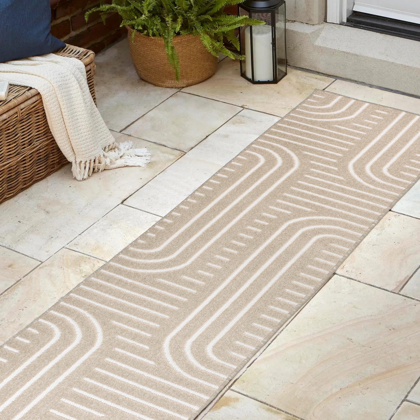 JONATHAN Y High-Low Arch Stripe Two-Tone Beige/Cream 2x8 Indoor/Outdoor Runner Rug, Anders MidCentury Modern, for Patio, Backyard, Living Room, Bedroom, Office, Hose-Washable (SCN107C-28)
