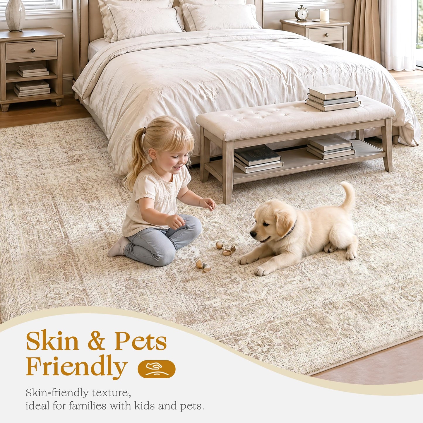 Beauoop 2x6 Hallway Runner Rug Beige Washable Vintage Distressed Neutral Retro Carpet Non Slip Soft Cream Low Pile Indoor Rug for Entryway Kitchen Bedroom Bathroom Laundry Bedside Entrance Living Room