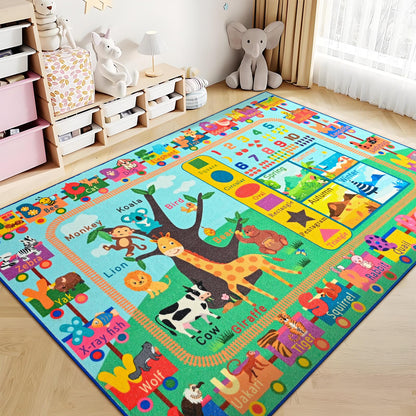 Zedrew Kids Rug for Playroom, 4x6 ABC Educational Carpet for Classroom, Fun Alphabet Area Rugs for Learn Numbers Season Animal Weather and Shapes Playmat for Girls Boys Room Nursery Decor