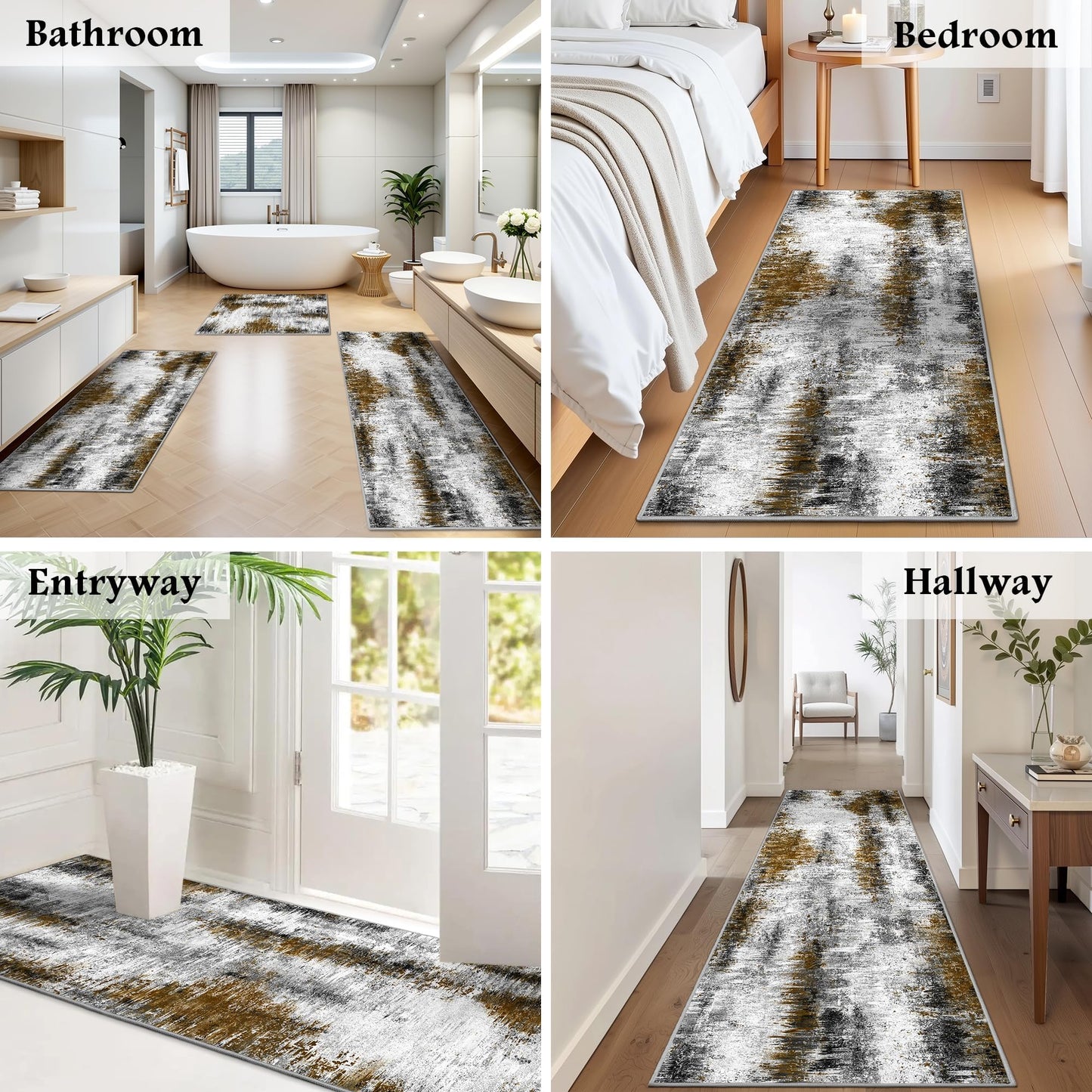 Tritard Upgrade Non Slip Kitchen Rugs Sets of 3 Washable Kitchen Mats for Floor Abstract Kitchen Runner Rug Soft Floor Mat Set Kitchen Carpet Rugs for Hallway, Laundry, Entryway, Office, Grey Brown