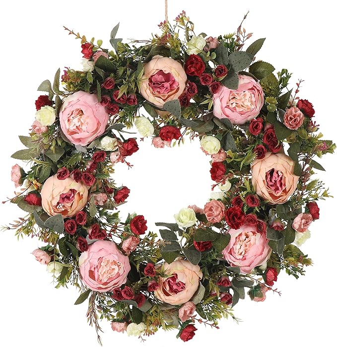 Spring & Summer Wreath, 24in Round, Red Silk & Grapevine, Door Mount, Seasonal Decorative