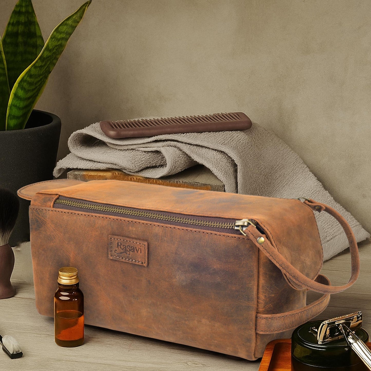 Rasavi Genuine Leather Travel Toiletry Bag for Men & Women, Handcrafted Vintage Dopp Kit, Water-Resistant Shaving & Bathroom Essentials Organizer - Distressed Brown