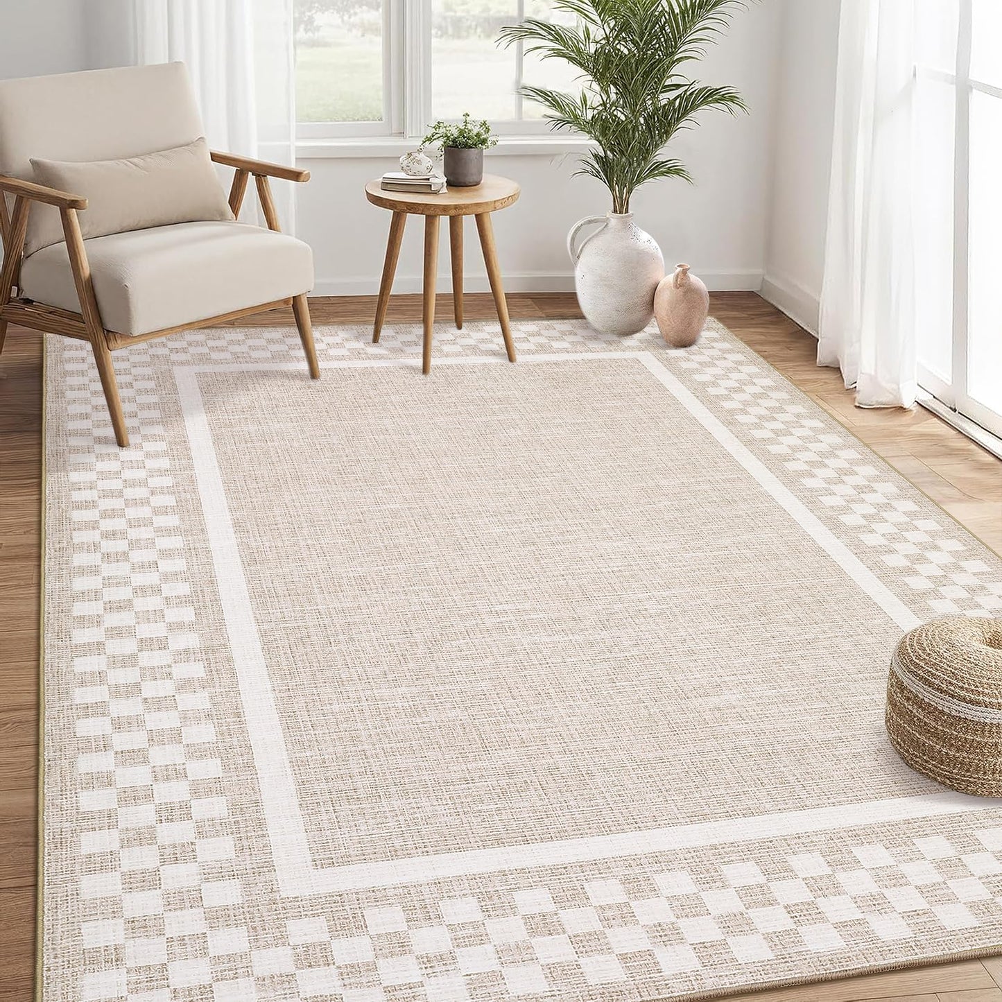 GarveeHome 5x7 Washable Area Rug for Bedroom Living Room Non Slip Modern Bordered Throw Rugs Low Pile Soft Checkered Dining Room Area Rugs Geometric Throw Carpet for Kitchen Nursery Office, Beige