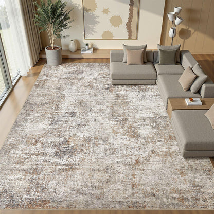 10x14 Area Rugs for Living Room: Washable Large Neutral Abstract Rug Soft Non Slip Stain Resistant Low Pile Indoor Carpet for Bedroom Dining Room Nursery Office Playroom - Brown Grey