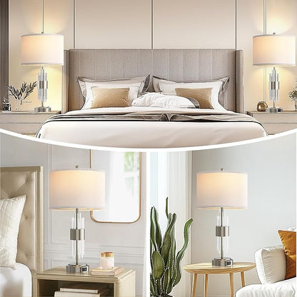 QiMH Table Lamp for Living Room,Bedside Lamp for Bedrooms Set of 2 with USB A+C Ports,3-Way Dimmable Touch Control,Modern Nightstand Lamp White Lampshade Home Decor, LED Bulb Included, Brushed Silver