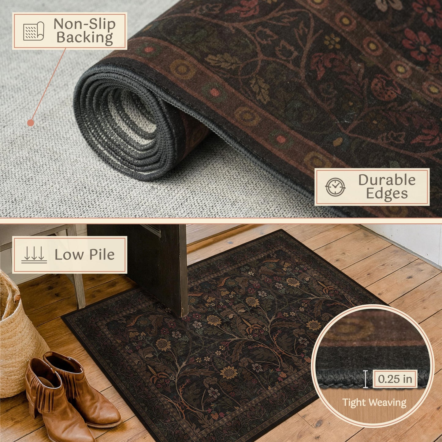 Washable 2x6 Kitchen Rugs Non Slip - Dark Brown Hallway Runner Rug, Farmhouse Non Slip Floral Botanical Bathroom Mats, Southwestern Cabin Bedroom, Hall Way Low Pile Carpet