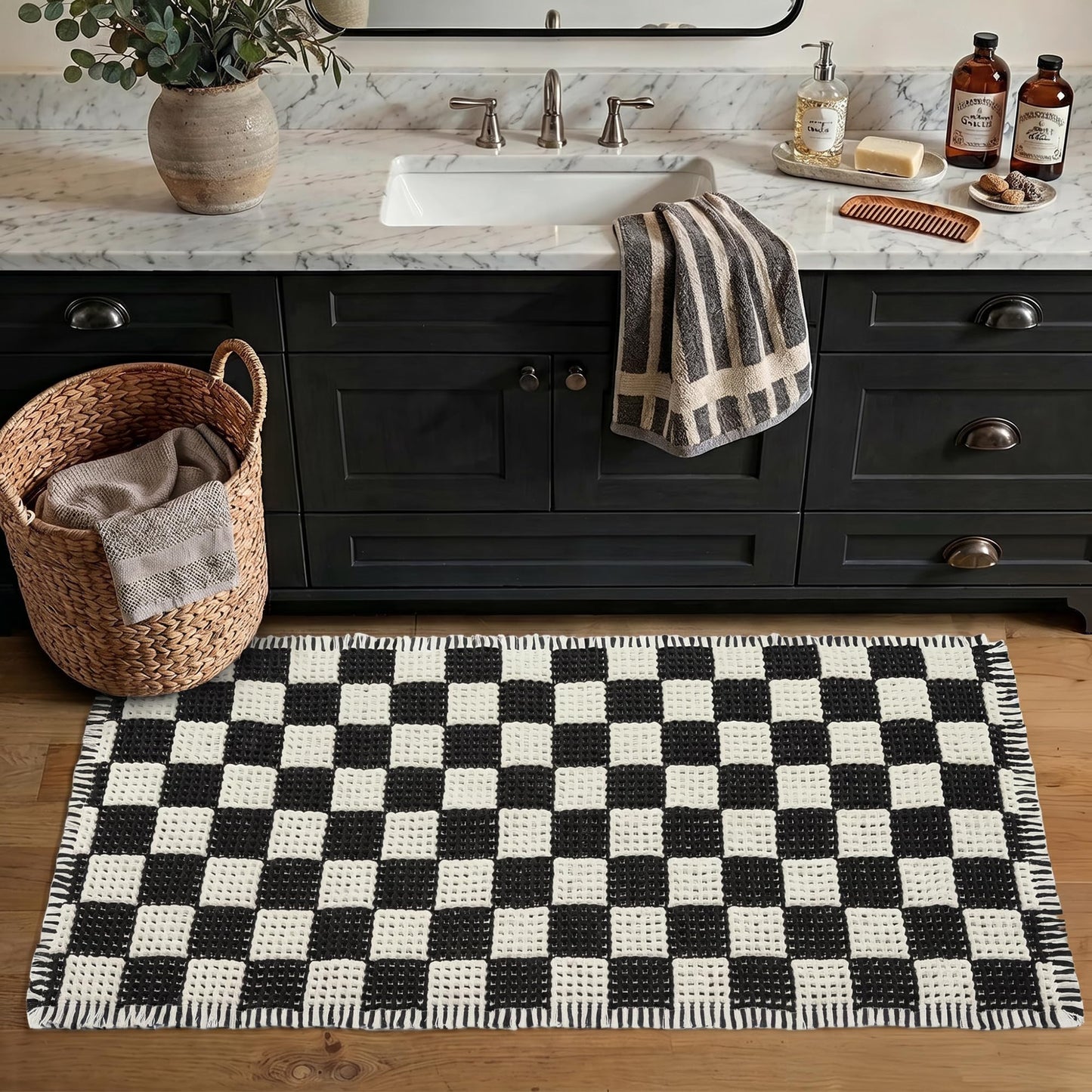 MatEssenz Checkered Runner Rug 2'x4', Black and White Waffle Weave Long Bathroom Rug with Tassels, Non-Slip & Quick Dry Bath Mat for Double Vanity & Kitchen, Machine Washable Boho Decor
