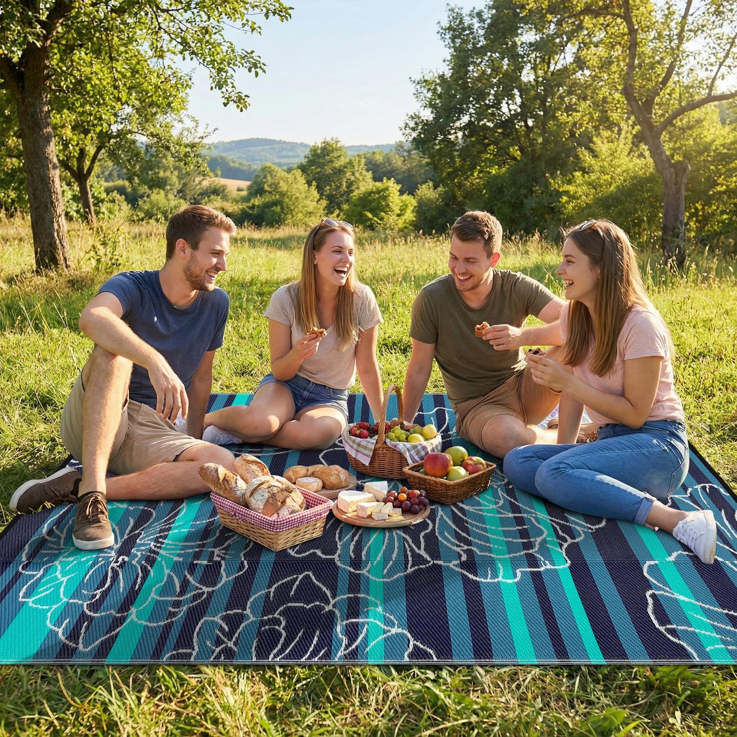 Garvee 5x8 Outdoor Waterproof Rug, Floral Outdoor Area Rug，Reversible Plastic Straw Patio Rug, Portable Camping Mat for RV, Picnic, Beach, Balcony, Garden & Camping Black&Blue