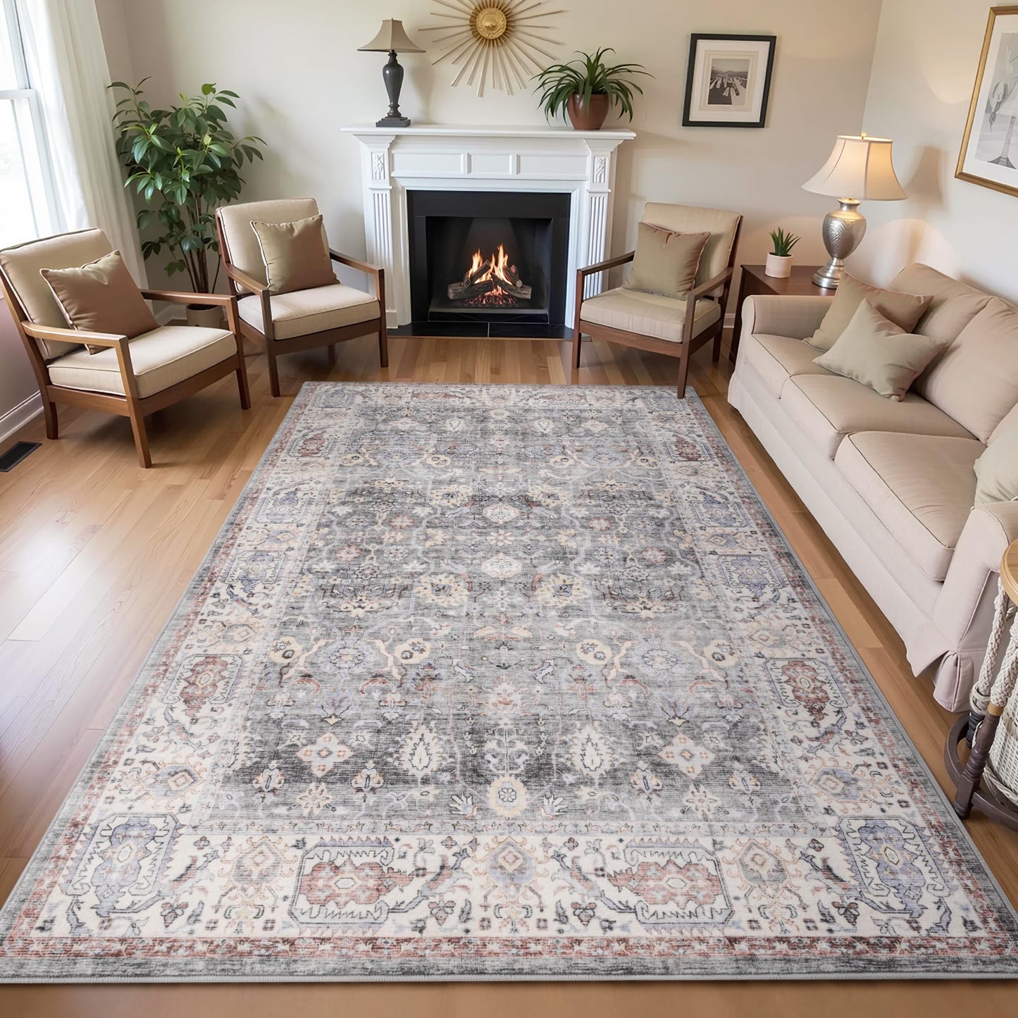 Carvapet 5x7 Area Rug - Gray Pink Vintage Floral Traditional Rectangular Carpet Low Pile, Non Slip Rubber Backing Machine Washable Rugs for Living Room Bedroom