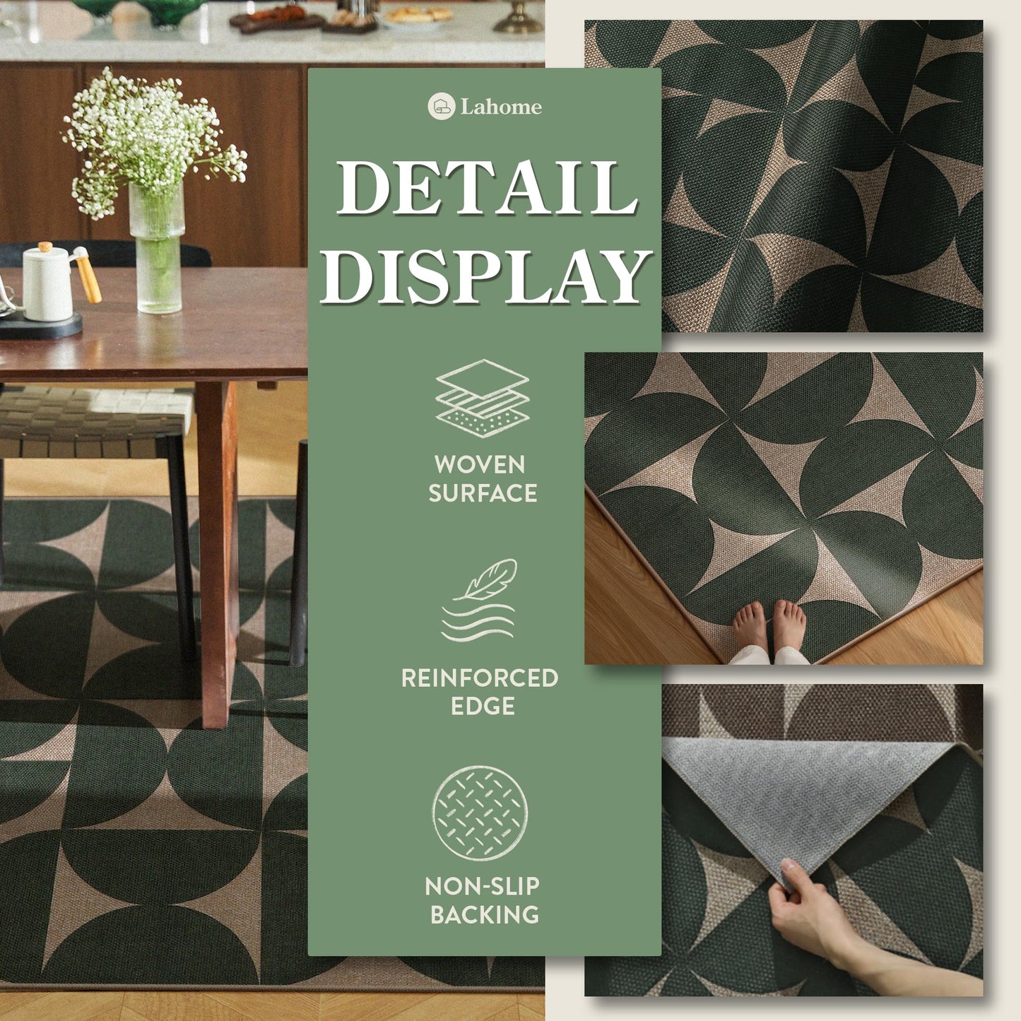 Lahome Green Semi Circle Easy Jute Rug, 3x5 Washable Outdoor Rug for Entryway, Non Slip Non Shedding Floor Carpet for Indoor Entrance Patio Front Door Porch Living Room