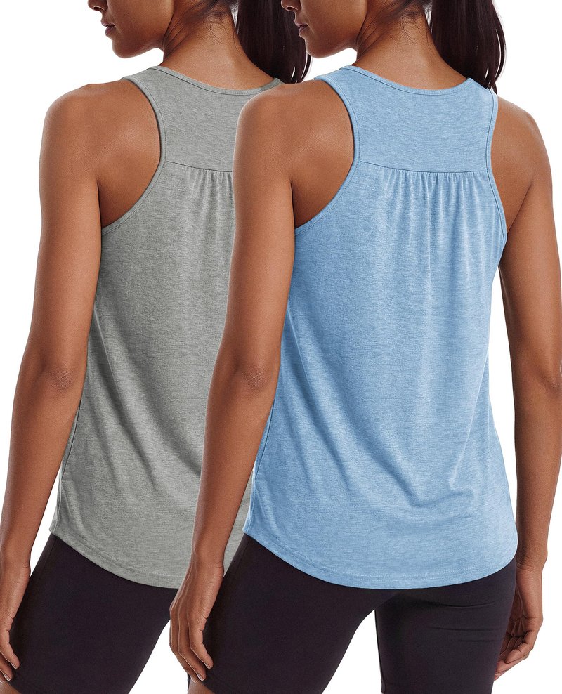 PINSPARK Tank Top for Women Sleeveless Athletic Workout Tops Moisture Wicking Yoga Pilates Gym Shirts Soft Tennis Running Tanks,Light Grey/Light Blue XL