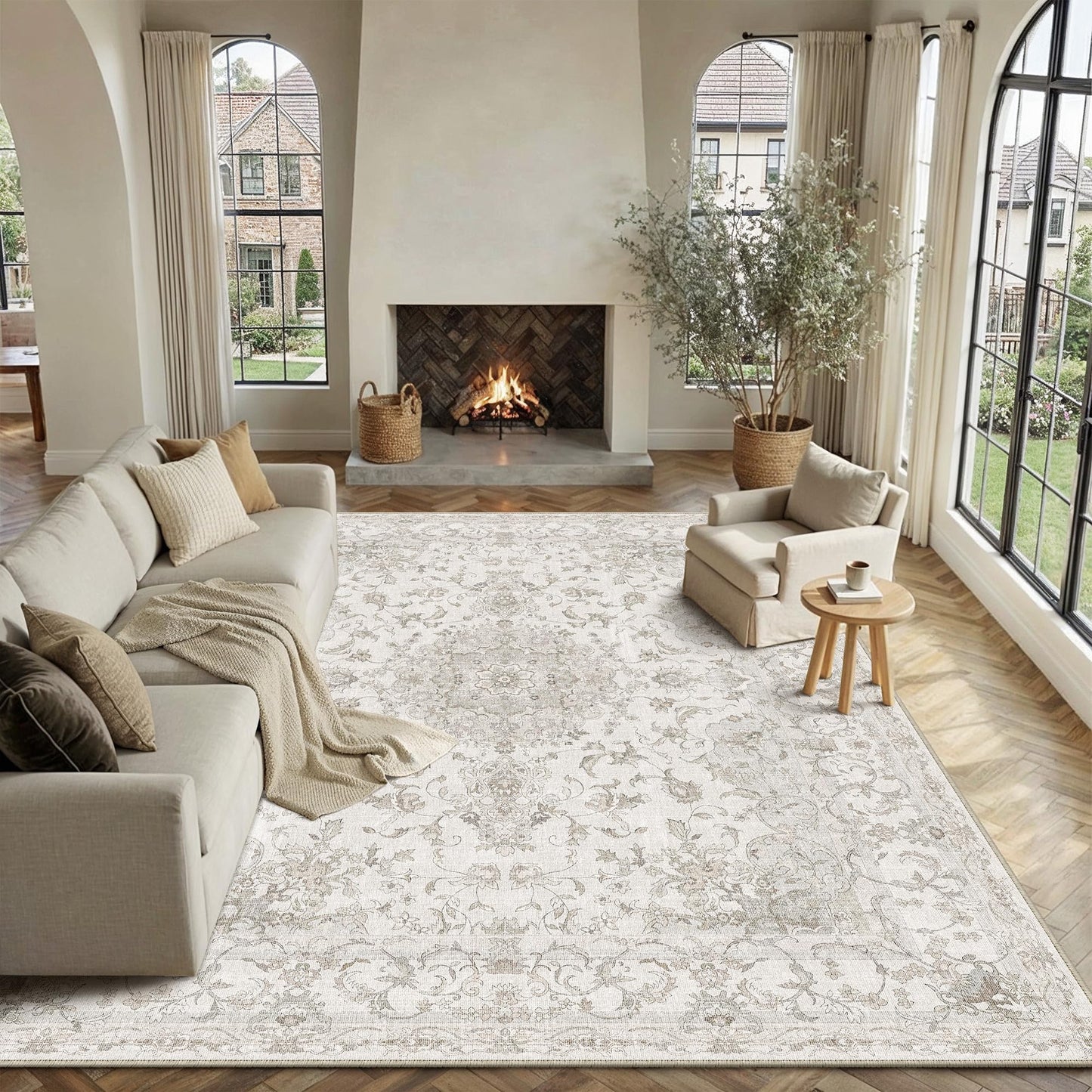 HUGEAR Area Rug 8x10 Vintage Beige Machine Washable Living Room Rugs Thin Neutral Floral Vacuumable Low Pile Carpet Bedroom Office Dining Room Laundry Room Non Slip Soft Lightweight