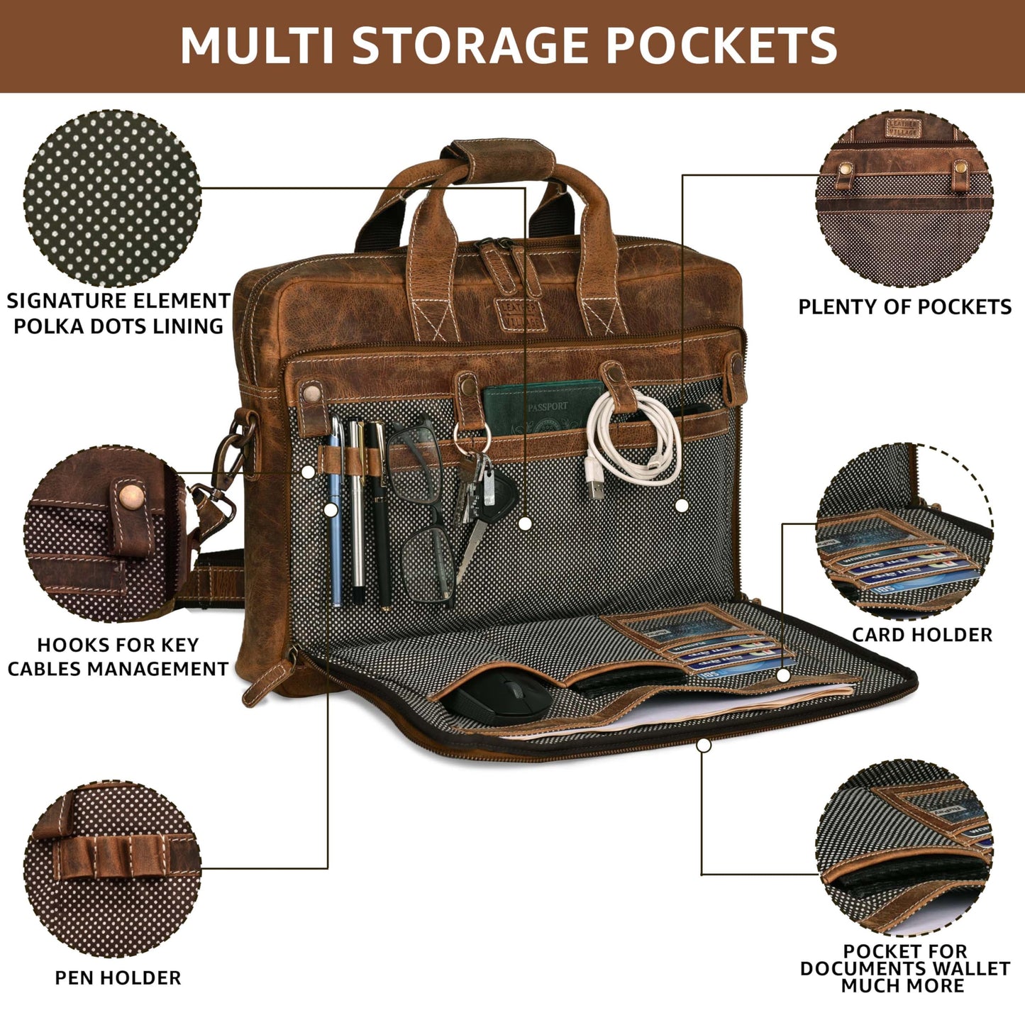 LEATHER VILLAGE 18" Leather Laptop Messenger Briefcase Bag for Men-Leather Satchel for Travel and Office Shoulder Bag- Sun Tan Brown