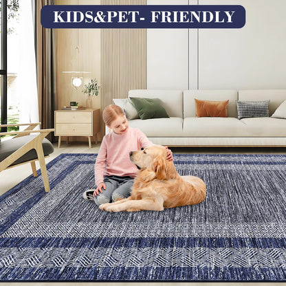 GarveeHome Modern Geometric Area Rug 5x7 Distressed Bordered Rug Washable Non Slip Floor Carpet Non Shedding Thin Rug, Soft Low Pile Rug, Contemporary Blue Rug for Dining Room, Living Room