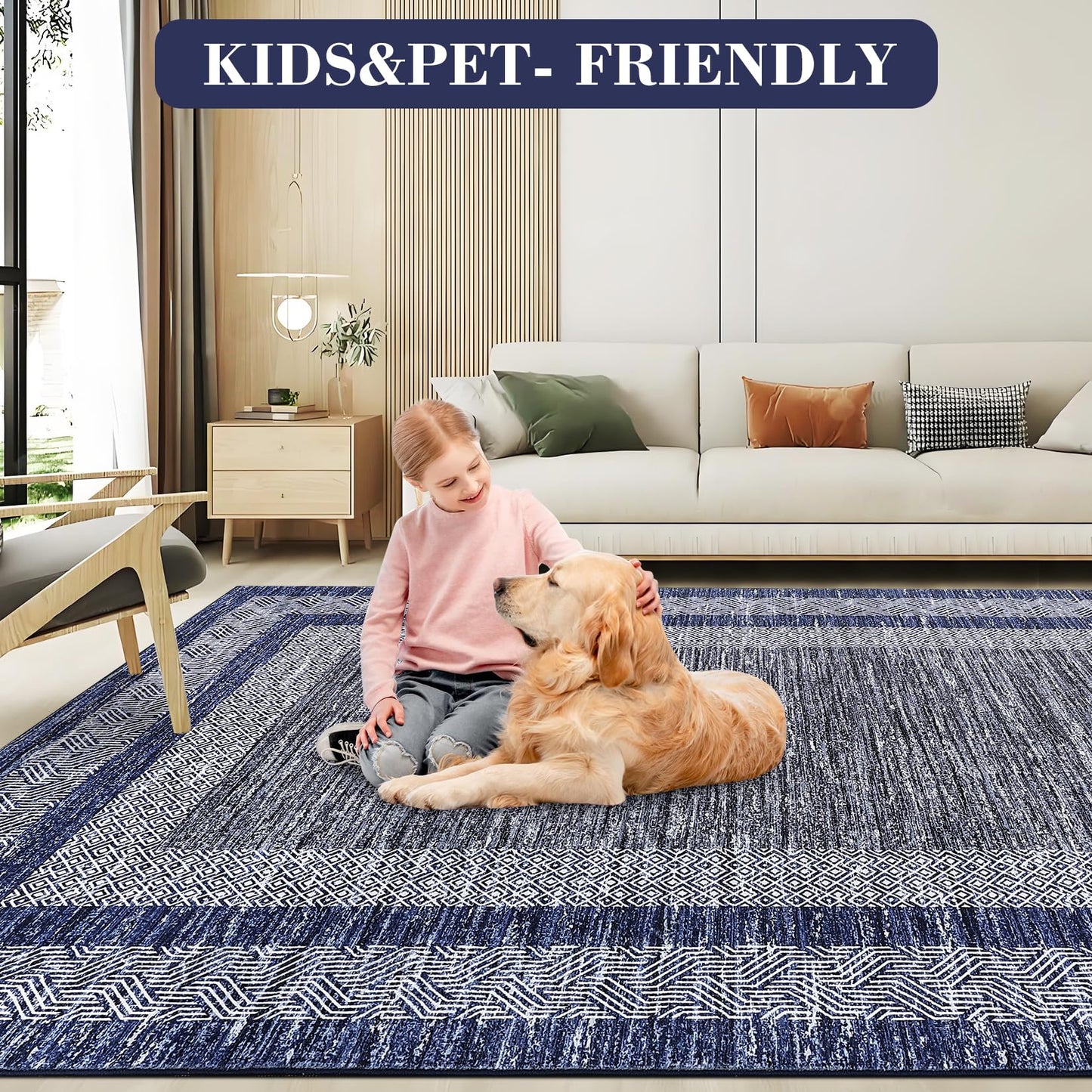 GarveeHome 2x6 Modern Bordered Runner Rug Soft Non Slip Runner Washable Non Shedding Floor Carpet, Distressed Geometric Hallway Runner, Indoor Printed Runner for Kitchen, Entrance, Blue