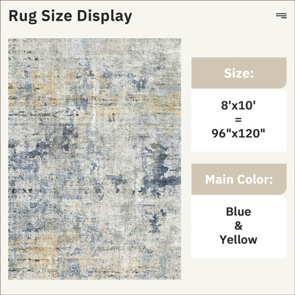 Soalmost Abstract Rug 8x10 Large Living Room Rugs Neutral Modern Washable Area Rugs for Bedroom Dining Room Non-Slip Stain Resistant Foldable Thin Rug Blue Yellow