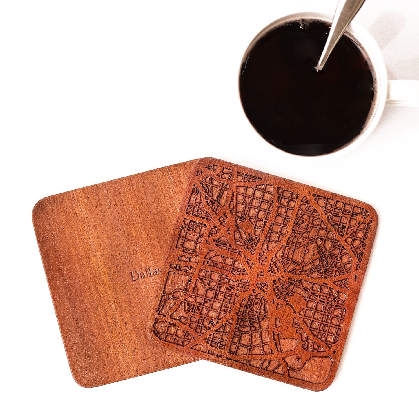 Dallas Map Coaster by O3 Design Studio, Set Of 4, Sapele Wooden Coaster With City Map, Handmade
