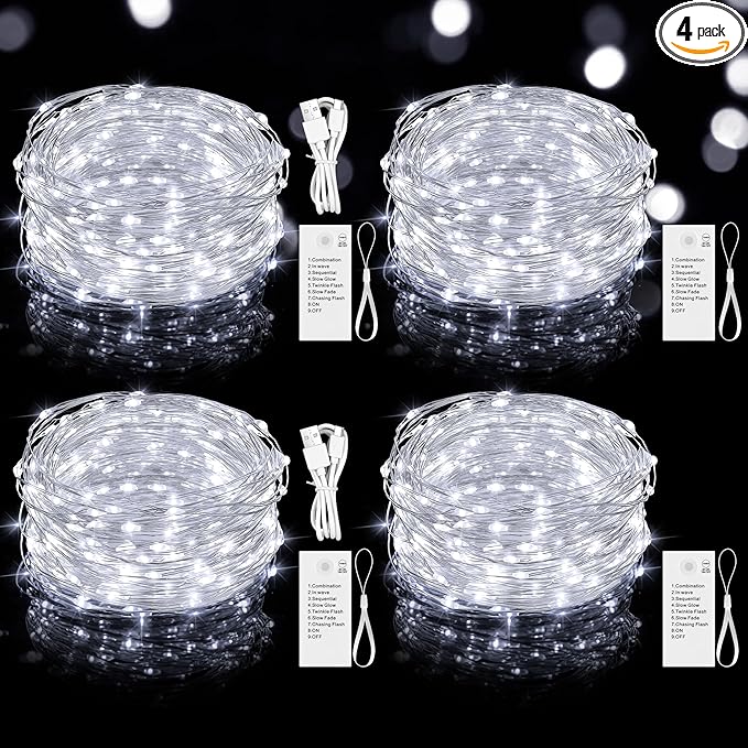 Mlambert LED Fairy Lights Battery Operated with Timer, Rechargeable Mini Twinkle Lights for Christmas Decor Holiday Party, 65.6FT(16.4x4), Cool White