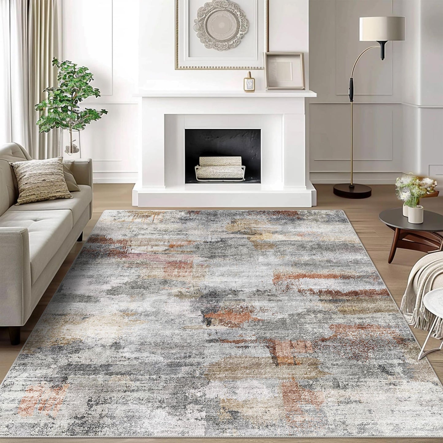 vivorug 5x7 Area Rugs - Ultra-Thin Washable Rug with Non-Slip Backing, Ideal for Living Room, Bedroom, Kitchen Floor Carpet - Modern Abstract, Easy Clean, Durable, Low Pile Gray/Rust