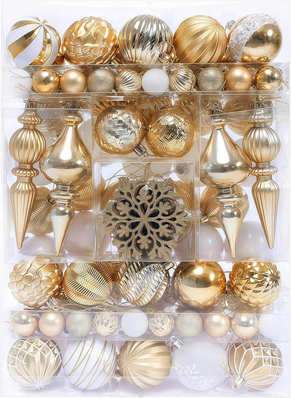 Christmas Tree Ornaments Decorations Set-116ct 1.18-6.5 Inch Assorted White Gold Shatterproof Decorative Hanging Christmas Ball Ornaments Bulk,Xmas Tree Tabletop Decorations for Holiday Decor