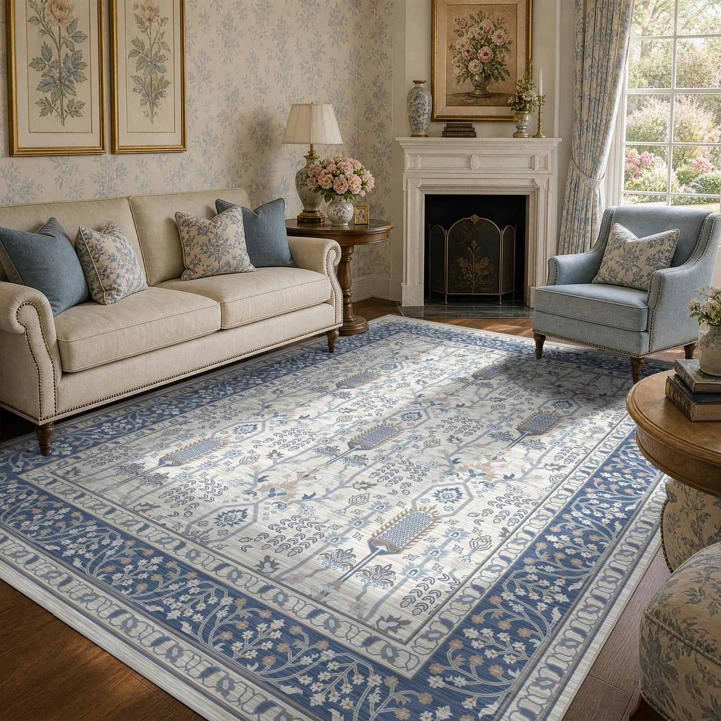 Deerly 5x7 Area Rugs Living Room, Low Pile Ultra Soft Rugs with Non-Slip Backing Machine Washable Vinatge Boho Carpet for Bedroom Playroom Nurseryroom, Kid & Pet Friendly Print Floor Blue Rug 5x7ft