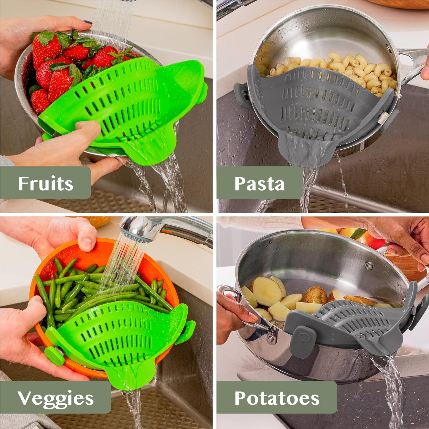 Kitchen Gizmo Snap N' Strain Clip On Strainer for Pots and Pans - Collapsible Silicone Pasta Strainer and Kitchen Gadget for Cooking - Easy to Use, Heat Resistant and Space Saving Colander - Green