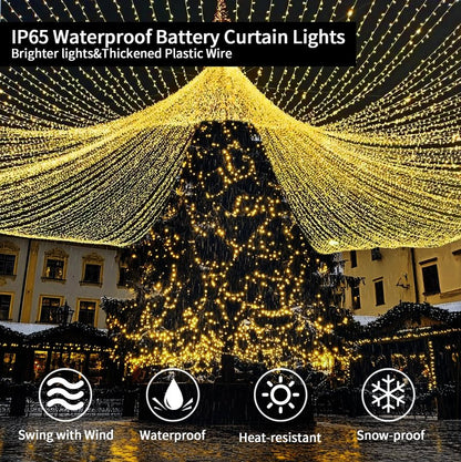 Curtain Lights Battery Operated 10 * 10Ft 300LED Waterfall Light with 8 Modes Remote Dimmable Timer Memory Waterproof Twinkle Fairy String Lights for Indoor Outdoor Backdrop Bedroom Pergola Christmas