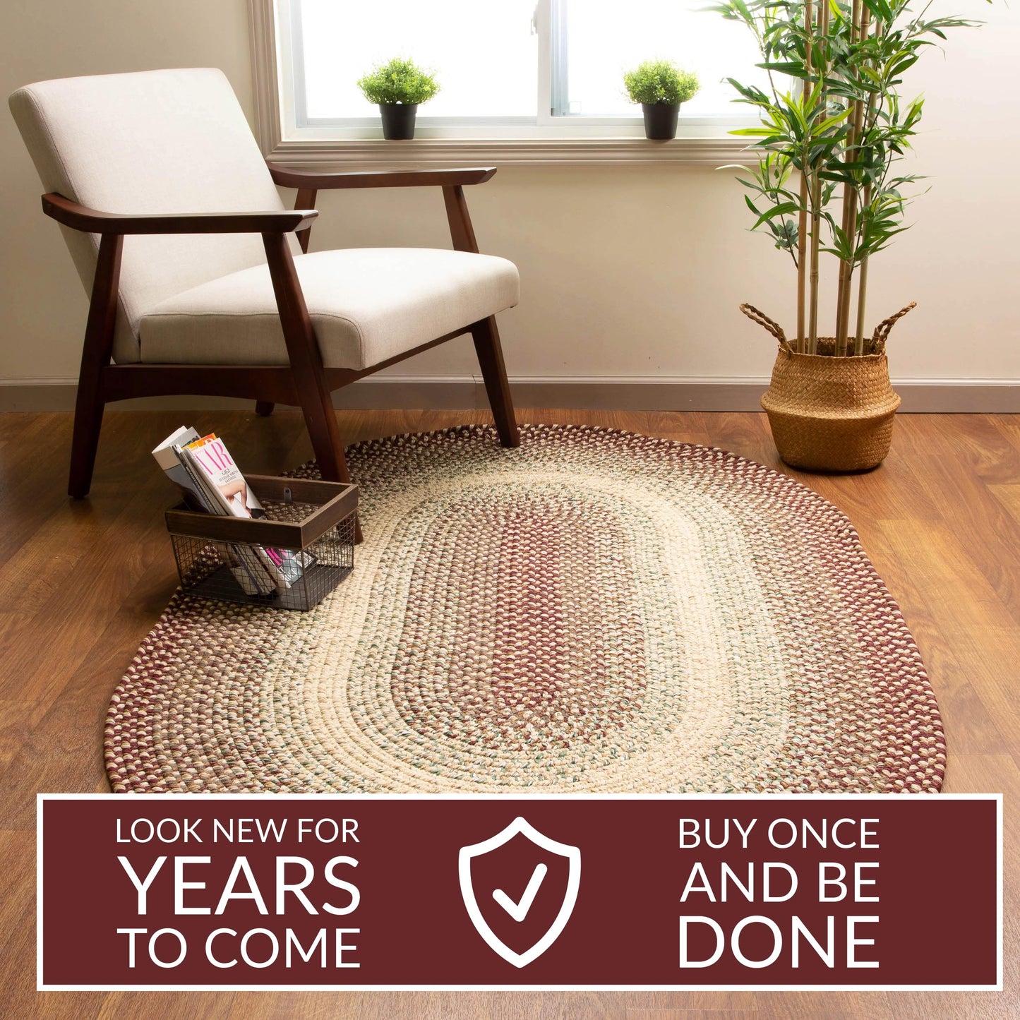 Super Area Rugs Braided Rugs 2X3 Farmhouse Kitchen Rug - Ridgewood Braided Rug for Living Room - Reversible - Indoor/Outdoor - Made in USA - Burgundy/Beige, 2' X 3' Oval