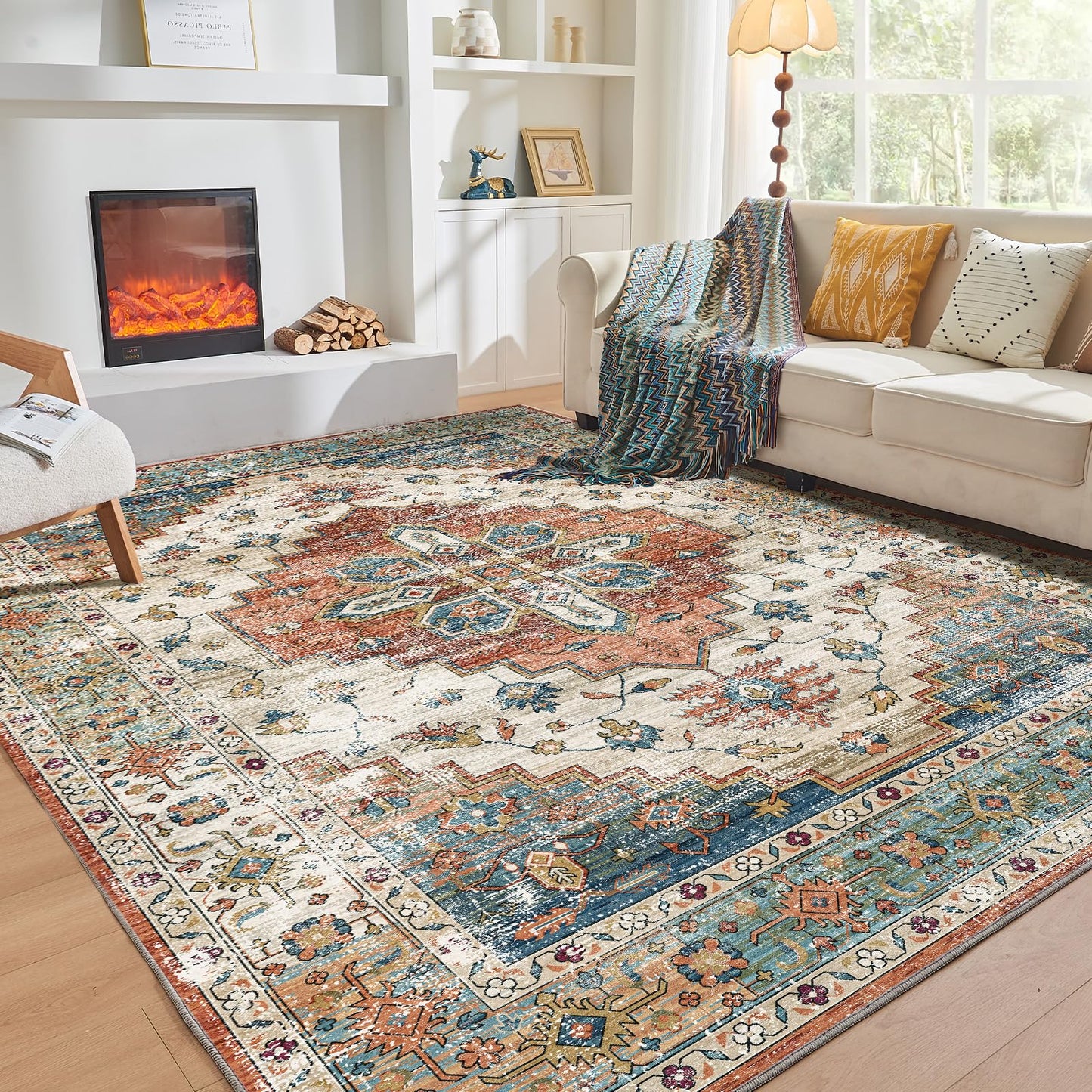 OPPODREAM Living Room Area Rugs, Faux Cashmere Low-Pile Carpet Rug with Non Slip Backing, Printed Decorative, Orange, 5' x 7'(Rectangular)
