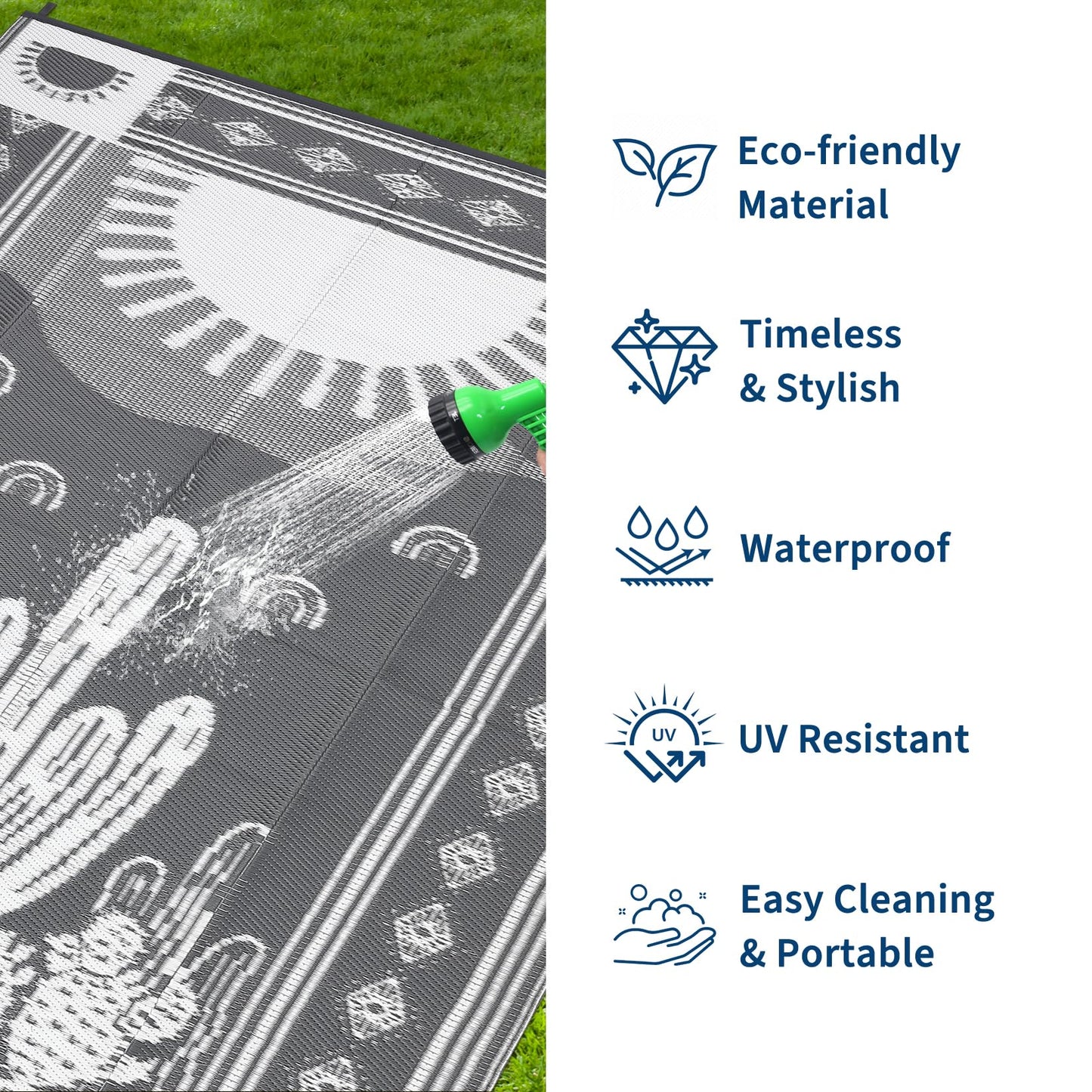 Garvee Reversible Cactus Outdoor Rug 8x10 for Patio, Waterproof Outdoor Area Rug, Modern Desert Botanical Indoor Outdoor Rugs, Plastic Straw Rug for RV, Camping, Deck, Grey