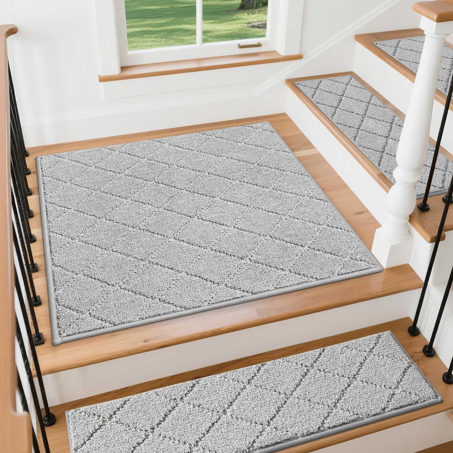 COSY HOMEER Edging Stair Treads Non-Slip Corner Indoor Stair Runners for Wooden Steps,Landing Slip Resistant Stair Rugs Mat for Kids and Dogs,100% Polyester TPE Backing,Grey,30x30 inch