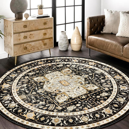 MUJOO Round Rugs 6ft,Black Circle Area Rug Washable,Boho Circular Rugs for Living Room Bedroom,Large Non Slip Throw Carpet Vintage Soft Black and Gold Floral