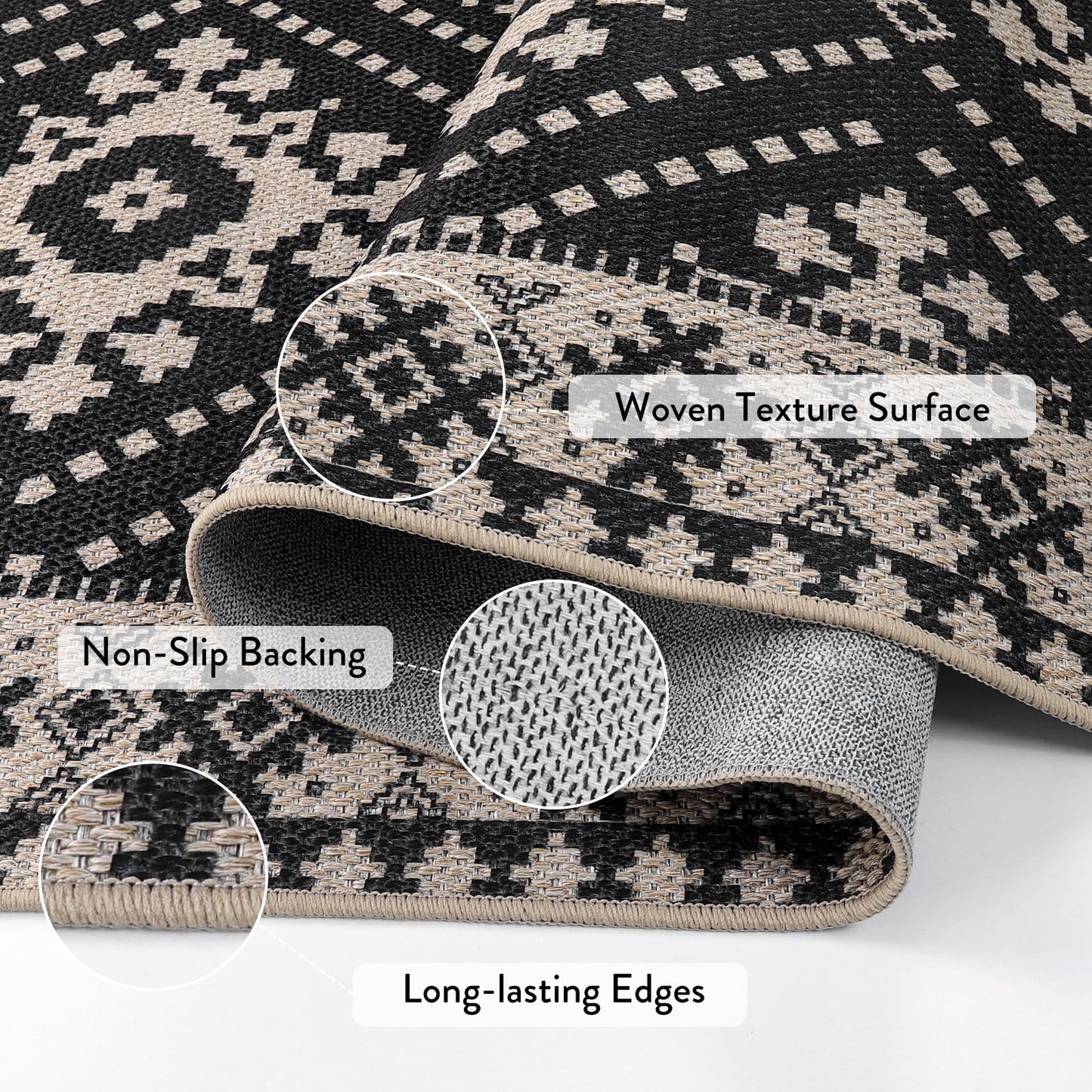 Lahome Bijou Moroccan Easy Jute Outdoor Runner Rug, 2x8 Washable Black Hallway Kitchen Runner Rug with Rubber Backing, Farmhouse Indoor Outdoor Carpet for Hallway 8ft Entryway Porch