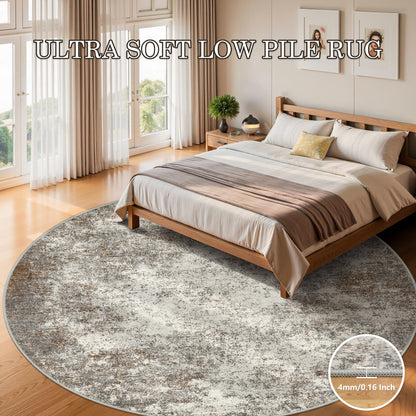 8ft Washable Round Rug - 8x8 Area Rugs Modern Abstract Rugs for Living Room Non-Slip Low Pile Soft Machine Washable Carpet for Bedroom, Living Room, Dining Room, Nursery, Farmhouse (8'x8' Brown Grey)