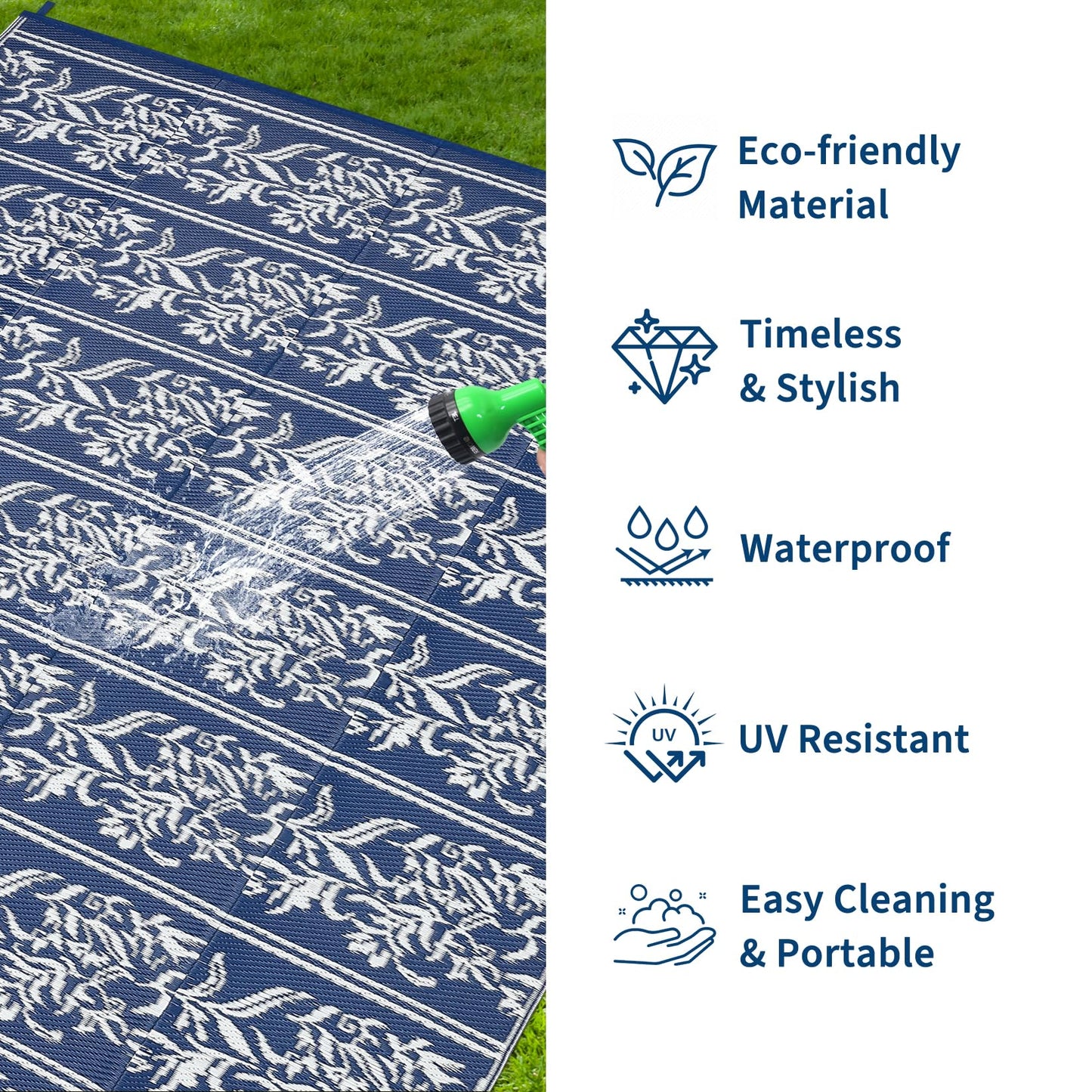 Garvee Outdoor Rugs 5x8 Waterproof Reversible Mat Boho Leaf Patio Rug with 4 Stakes and Starage Bag, Large Outdoor RV Mat Rugs for Camping, Picnic, Balcony, Deck, Backyard, Navy Blue & White
