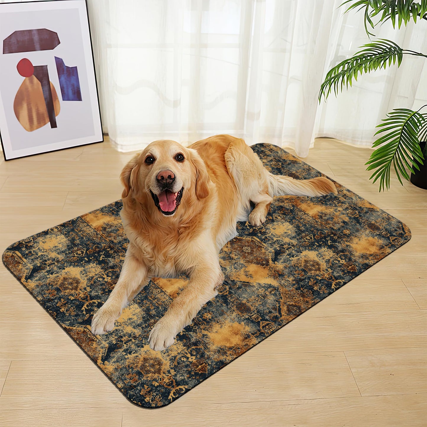 Grunge Boho Pet Feeding Mat for Floors–Absorbent Quick Dry Dog Cat Bowl Mat for Food and Water, Non Slip Waterproof Base, Mess-Free Feeding Accessories 12"x20"