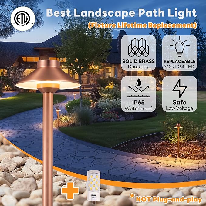 Gardenreet Outdoor Brass Pathway Lights, Warm & Neutral White Adjustable Low Voltage Landscape Path Lighting, 12v Walkway Light LED Waterproof, Copper for Outside Garden Yard with G4 Bulb (4 Pack)