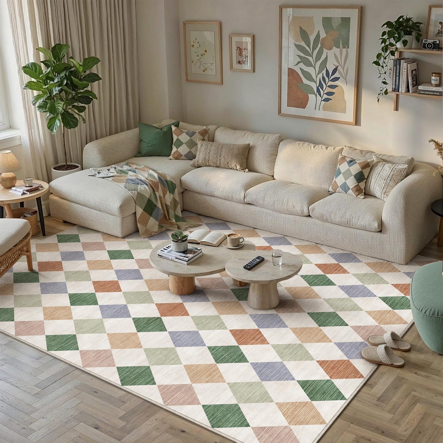 WondRg 8x10 Checkered Washable Area Rug for Living Room Bedroom Colorful Soft Modern Non Slip Large Throw Rug Lightweight Low Pile Neutral Carpet Dining Room Office Classroom Nursery Playroom